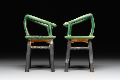 A pair of Chinese sancai-glazed miniature horseshoe-back chairs, Ming