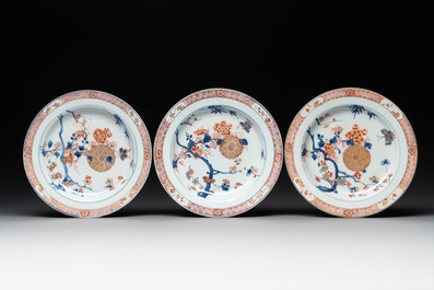Seven Chinese Imari-style 'flowers and insects' plates, Kangxi/Yongzheng