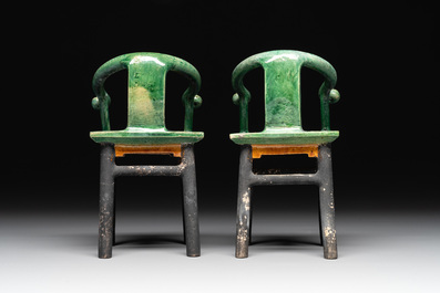 A pair of Chinese sancai-glazed miniature horseshoe-back chairs, Ming