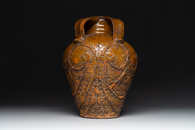 Three German stoneware jugs, including a bellarmine, and a French or English pottery jug, 17th C. and later