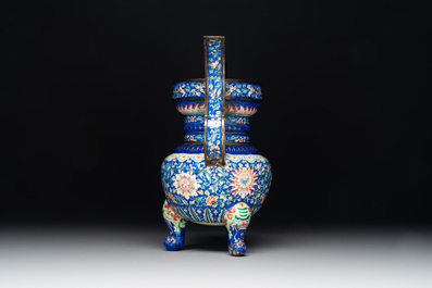A Chinese blue-ground Canton enamel 'flower scroll' censer, Qianlong