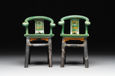 A pair of Chinese sancai-glazed miniature horseshoe-back chairs, Ming