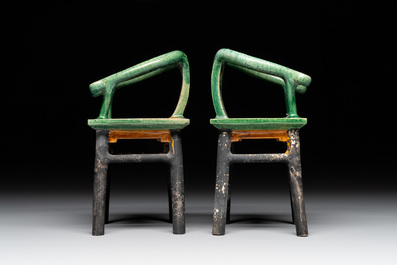A pair of Chinese sancai-glazed miniature horseshoe-back chairs, Ming