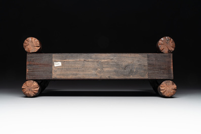A large Chinese carved wooden table screen with a fine famille rose 'landscape' plaque, 19th C.