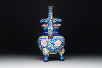 A Chinese blue-ground Canton enamel 'flower scroll' censer, Qianlong