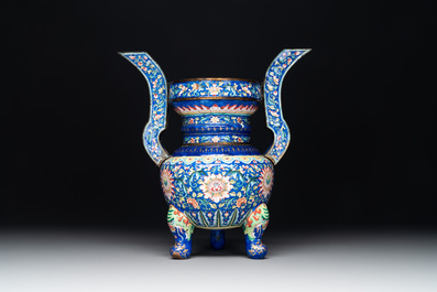 A Chinese blue-ground Canton enamel 'flower scroll' censer, Qianlong