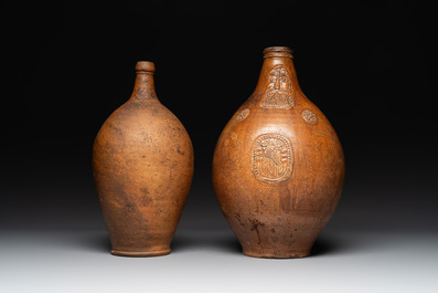 Three German stoneware jugs, including a bellarmine, and a French or English pottery jug, 17th C. and later