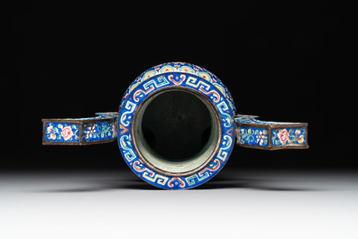 A Chinese blue-ground Canton enamel 'flower scroll' censer, Qianlong