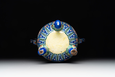 A Chinese blue-ground Canton enamel 'flower scroll' censer, Qianlong