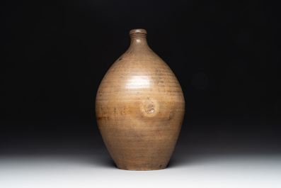 Three German stoneware jugs, including a bellarmine, and a French or English pottery jug, 17th C. and later