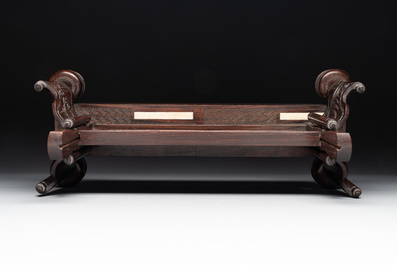 A large Chinese carved wooden table screen with a fine famille rose 'landscape' plaque, 19th C.