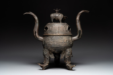 A massive Chinese archaistic bronze 'elephant' censer and cover, Ming