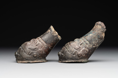 Two Chinese archaic bronze study fragments, Eastern Zhou