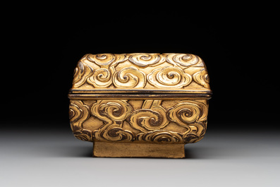 A Chinese square gilt bronze ink box and cover (印泥盒), Xuande mark and possibly of the period