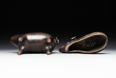 Two Chinese bronze buffalo-form vessels and covers, 'xizun 犧尊', Ming