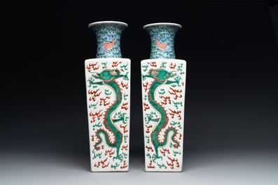 A pair of Chinese famille verte 'dragon' vases and wooden stands, Chenghua mark, 19th C.