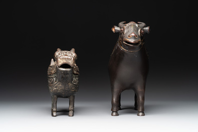 Two Chinese bronze buffalo-form vessels and covers, 'xizun 犧尊', Ming