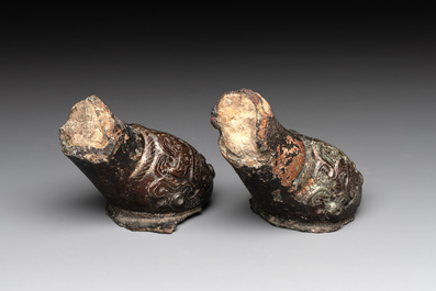Two Chinese archaic bronze study fragments, Eastern Zhou