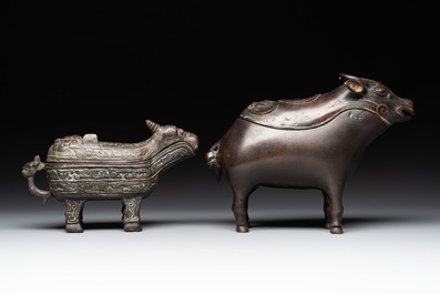 Two Chinese bronze buffalo-form vessels and covers, 'xizun 犧尊', Ming