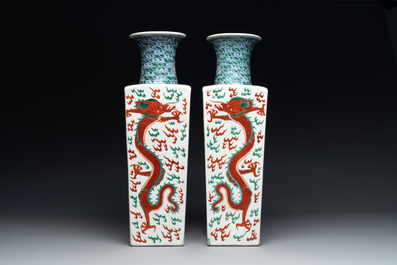 A pair of Chinese famille verte 'dragon' vases and wooden stands, Chenghua mark, 19th C.