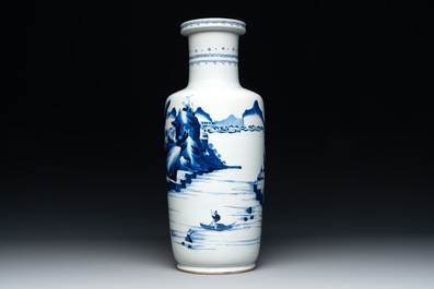 A Chinese blue and white rouleau vase with fishermen in a landscape, Kangxi