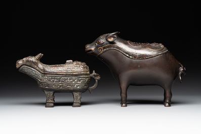 Two Chinese bronze buffalo-form vessels and covers, 'xizun 犧尊', Ming
