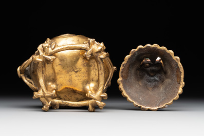 A finely cast Chinese gilt bronze 'luduan' incense burner and cover, Ming, 15/16th C.