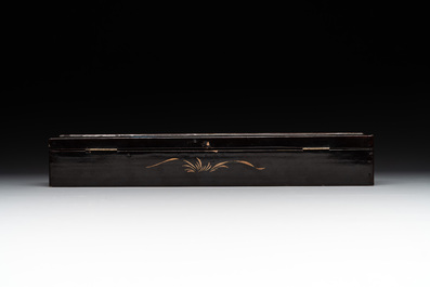 A Chinese Canton gilt-lacquered and painted paper fan and a framed relief painting, 19th C.