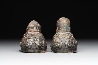 Two Chinese archaic bronze study fragments, Eastern Zhou
