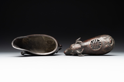 Two Chinese bronze buffalo-form vessels and covers, 'xizun 犧尊', Ming