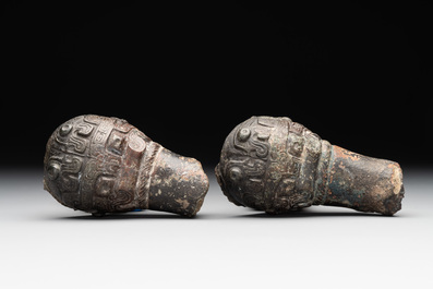 Two Chinese archaic bronze study fragments, Eastern Zhou