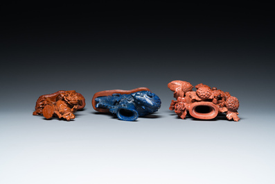 Three Chinese lapis lazuli and goldstone carvings, 19/20th C.