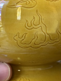 Two Chinese incised yellow-glazed triple gourd vases with dragons and lotus scrolls, Longqing mark, 20th C.