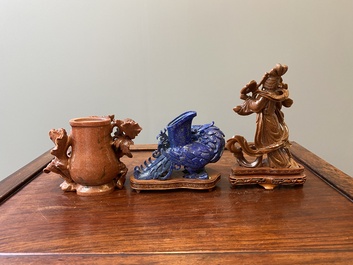 Three Chinese lapis lazuli and goldstone carvings, 19/20th C.