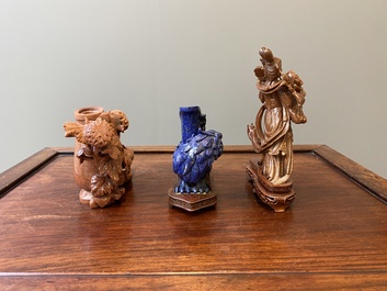 Three Chinese lapis lazuli and goldstone carvings, 19/20th C.