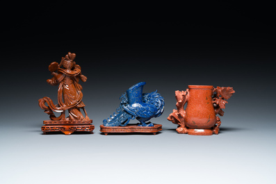 Three Chinese lapis lazuli and goldstone carvings, 19/20th C.