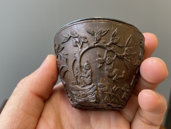 Four Chinese silver-lined coconut cups, Wang Hengxin 王恒馨 mark, 19/20th C.