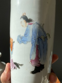 A pair of Chinese famille rose rouleau vases, Hongxian mark, Republic