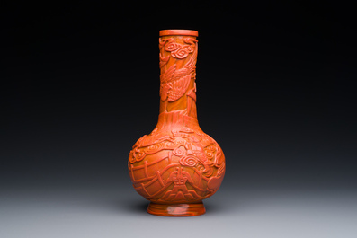 A Chinese coral-red Peking glass bottle vase, Daoguang mark and probably of the period