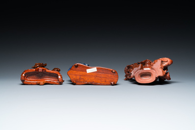 Three Chinese lapis lazuli and goldstone carvings, 19/20th C.