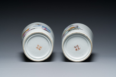 A pair of Chinese famille rose rouleau vases, Hongxian mark, Republic