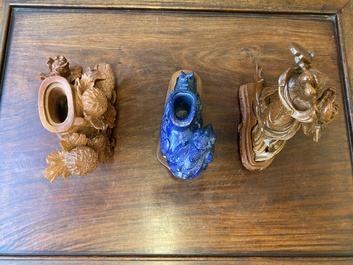 Three Chinese lapis lazuli and goldstone carvings, 19/20th C.