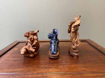 Three Chinese lapis lazuli and goldstone carvings, 19/20th C.