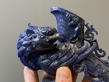 Three Chinese lapis lazuli and goldstone carvings, 19/20th C.
