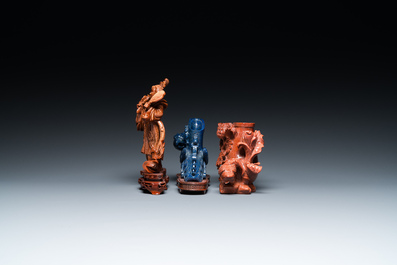 Three Chinese lapis lazuli and goldstone carvings, 19/20th C.