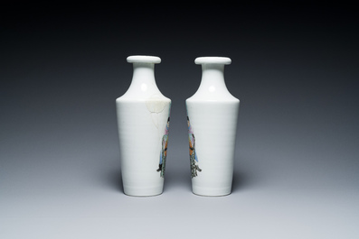 A pair of Chinese famille rose rouleau vases, Hongxian mark, Republic