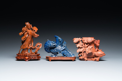 Three Chinese lapis lazuli and goldstone carvings, 19/20th C.