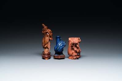 Three Chinese lapis lazuli and goldstone carvings, 19/20th C.