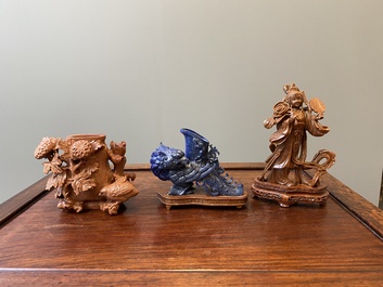 Three Chinese lapis lazuli and goldstone carvings, 19/20th C.