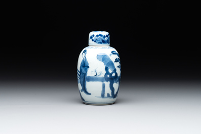 A Chinese blue and white 'Long Eliza' tea caddy and cover, artemisia leaf mark, Kangxi